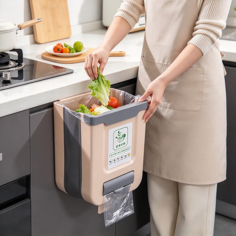 Commercial Kitchen Bin - 10Lのスリムで折りたたみ可能な壁掛け式ゴミ箱。キッチンキャビネットや浴室に設置できる防水仕様のゴミ収納容器。