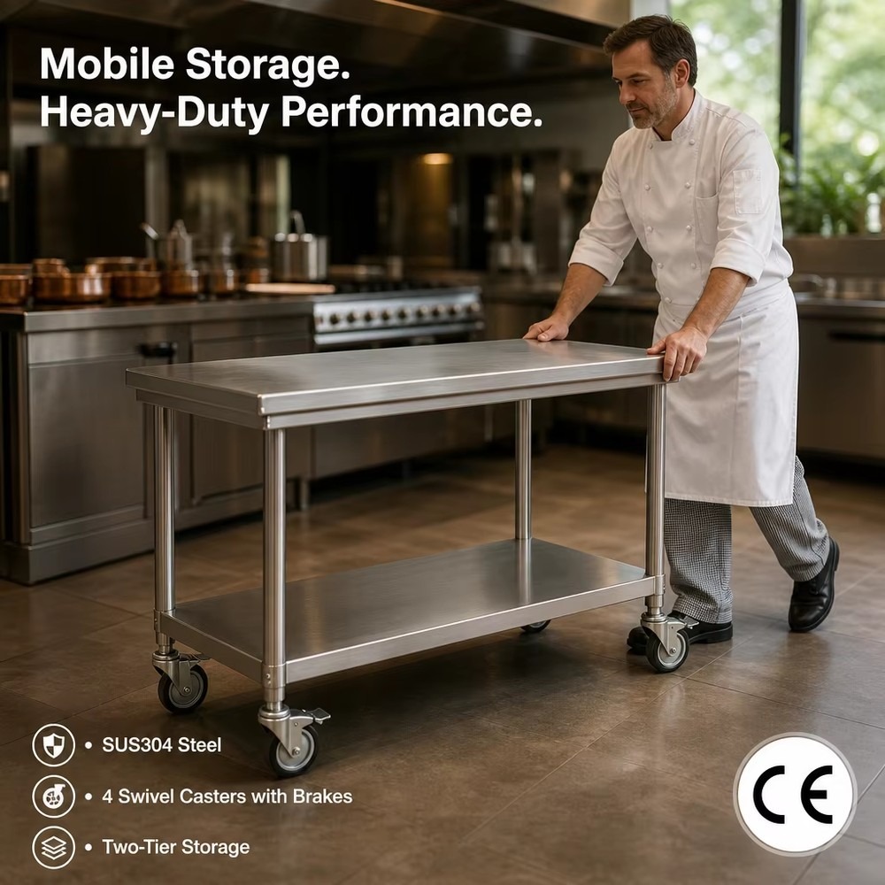 業務用304ステンレス製ダブルシンク（カウンターとスタンド付 - Commercial Kitchen Worktops のレビューと価格